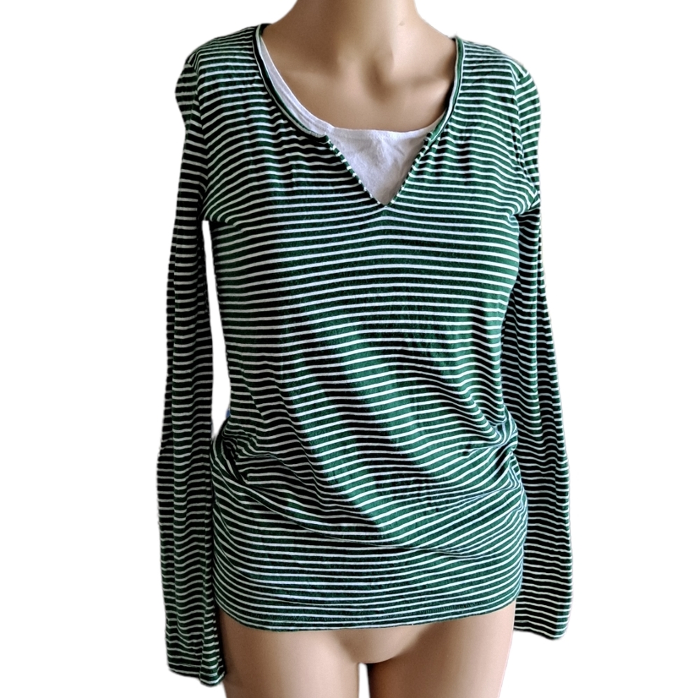 Liz Claiborne green vneck long sleeve shirt with white horizontal stripes